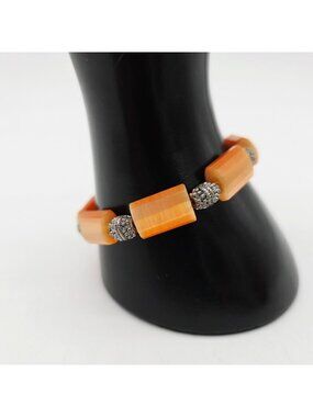Orange Aventurine Bracelet Rectangle Beads Silver Accents & Toggle Clasp 7.5"